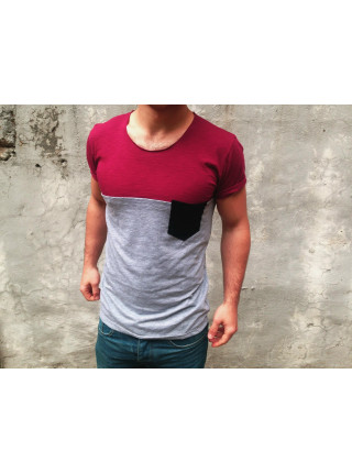 Футболка серая с черным карманом и верхом бордо