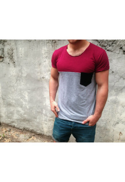 Футболка серая с черным карманом и верхом бордо