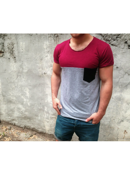 Футболка серая с черным карманом и верхом бордо DC2353