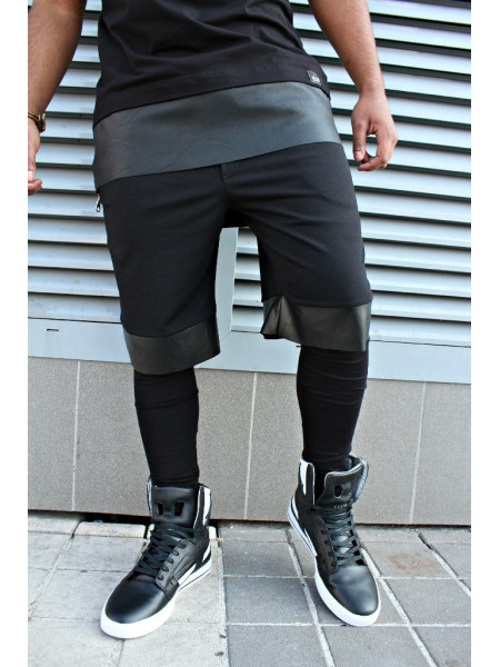 Шорты черные с кожанными вставками