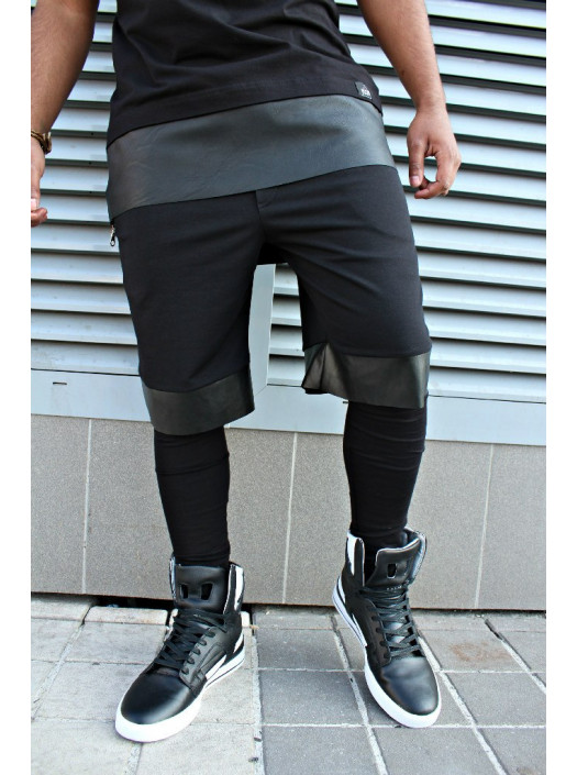 Шорты черные с кожанными вставками DC2341