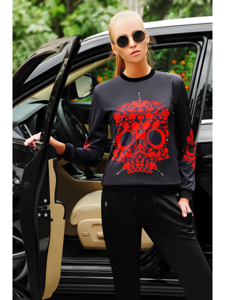 Цветочный красный череп кофта Свитшот №1П (весна) д/р