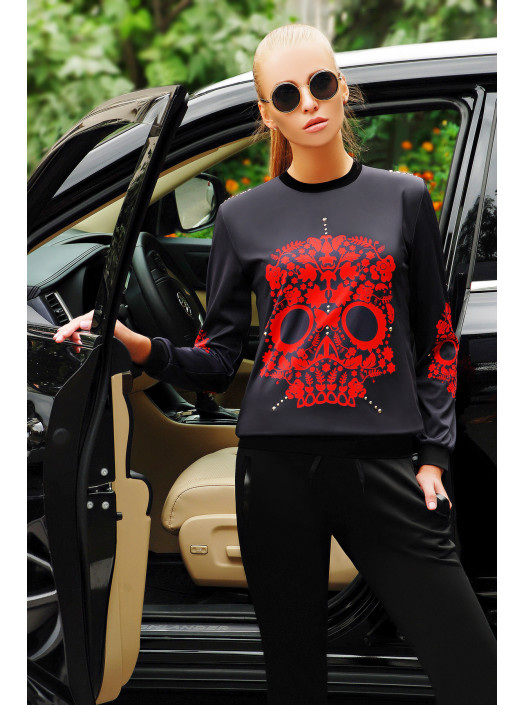 Цветочный красный череп кофта Свитшот №1П (весна) д/р psФР-00001887_000011725