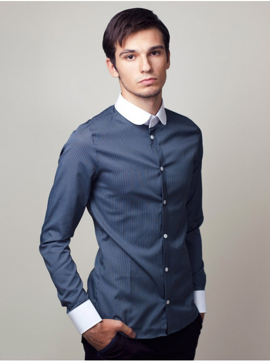 Рубашка Рубашка 3233_Лазурный в черную полоску